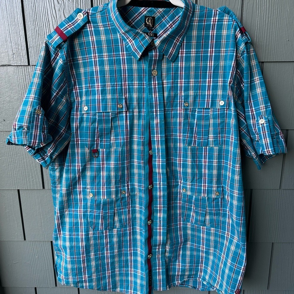 Cavi Mens‎ 3XL Teal Blue Plaid Utility Short Sleeve Button Down Shirt Epaulettes